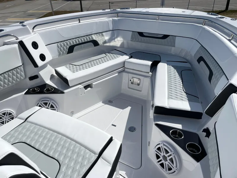 Slide: The Image of 2025 Blackfin 302CC boat interior with luxurious seating and modern design. - 31