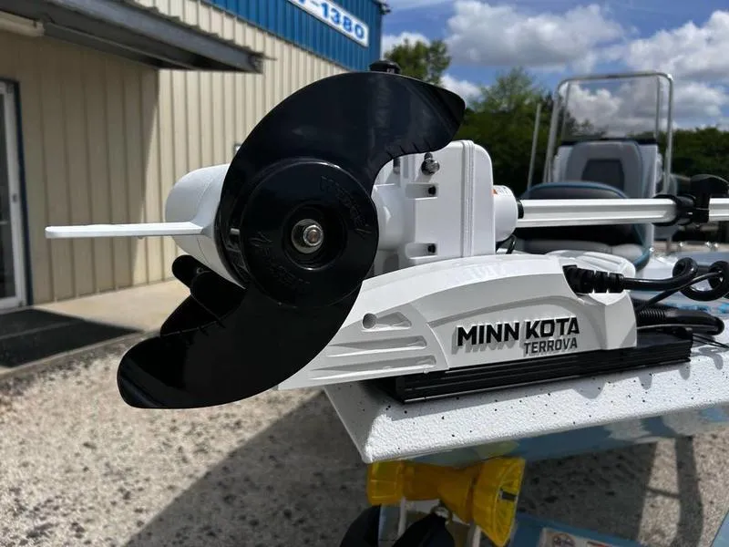 Slide: The Image of Minn Kota Terrova motor on 2025 Xpress H20B boat, outdoor setting. - 18