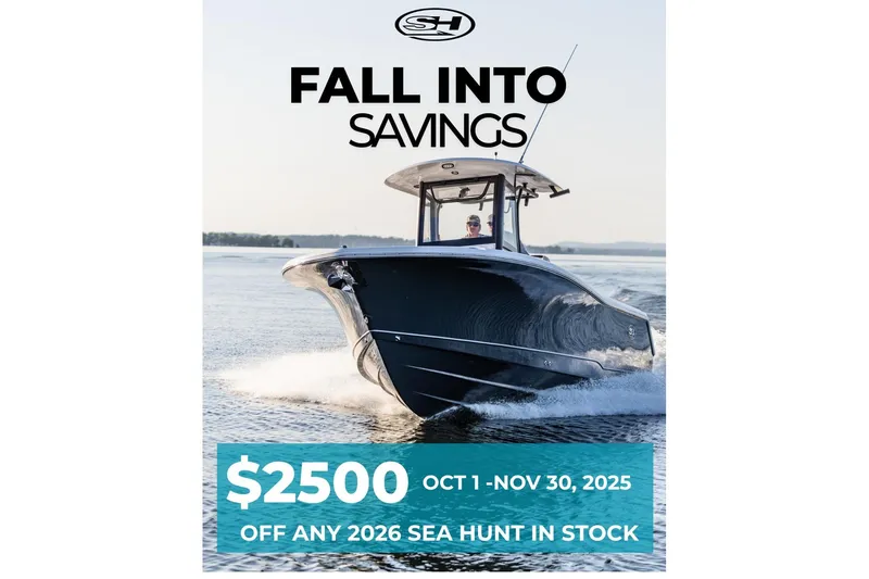 Slide: The Image of 2026 Sea Hunt Gamefish 27 Coffin Box; Yamaha outboard sales event promotion. - 1