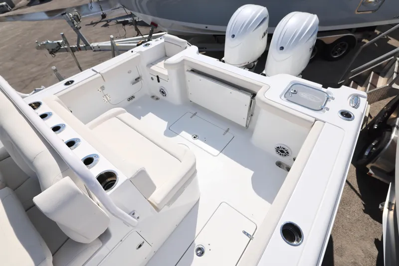 Slide: The Image of 2026 Sea Hunt Gamefish 27 Coffin Box with twin Yamaha 200 engines on trailer. - 3