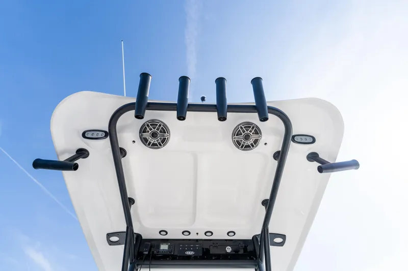 Slide: The Image of 2026 Sea Hunt Gamefish 27 Coffin Box boat top view with rod holders and speakers. - 40