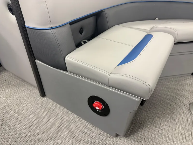 Slide: The Image of 2025 Bentley Pontoons Legacy 240 Cruise interior seating with modern design and storage compartment. - 22