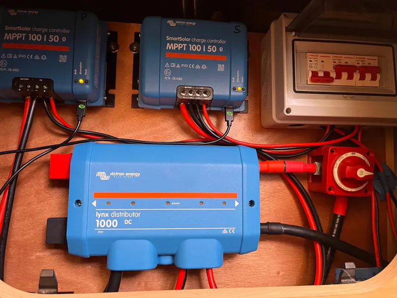 Slide: The Image of Electrical system setup in a 2012 Lagoon 400 catamaran with Victron Energy components. - 45