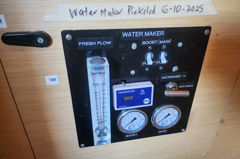 Slide: The Image of Control panel of a Lagoon 400 water maker, labeled "Water Maker Pickled 6-10-2025". - 46