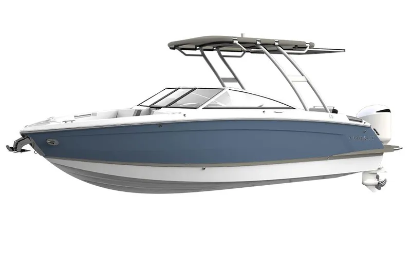 Slide: The Image of 2024 Cobalt R6 OB boat, blue and white, with sleek design and outboard motor. - 1