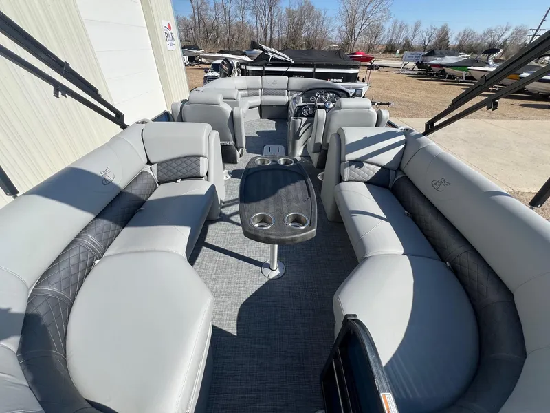 Slide: The Image of 2019 Misty Harbor 2285 Biscayne Bay CU pontoon boat with spacious seating and modern interior. - 9