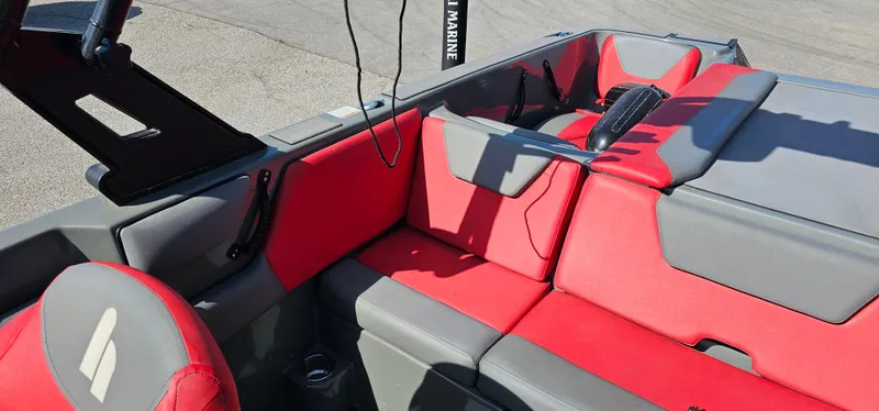 Slide: The Image of 2020 Heyday WT-2DC boat interior with red and gray seating, showcasing modern design. - 18