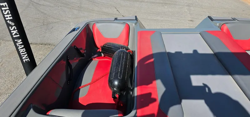 Slide: The Image of 2020 Heyday WT-2DC boat interior with red and gray seating at Fish and Ski Marine. - 19