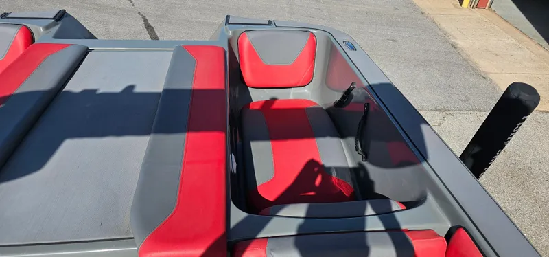 Slide: The Image of 2020 Heyday WT-2DC boat interior with red and gray seating. - 21