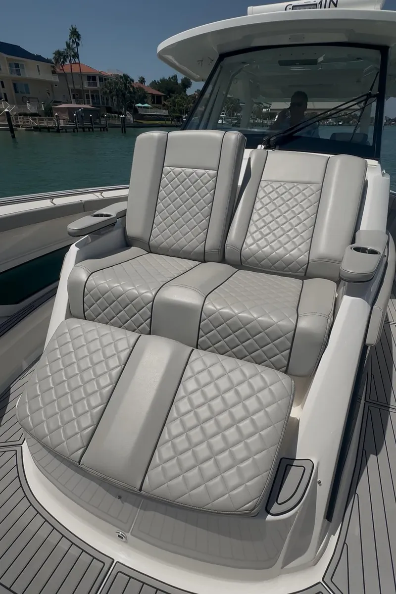 Slide: The Image of 2023 Pursuit S 378 Sport boat with luxurious quilted seating. - 12
