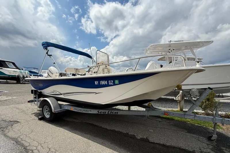 The Image of 2018 Carolina Skiff 198 DLV boat on trailer under cloudy sky. - 0