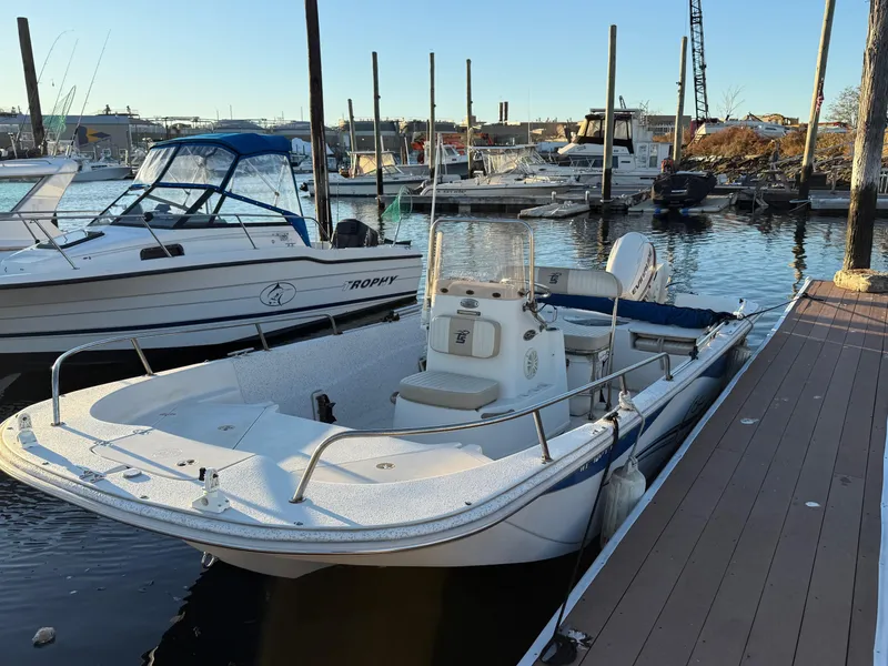 Slide: The Image of 2018 Carolina Skiff 198 DLV boat docked at marina, surrounded by other vessels. - 12
