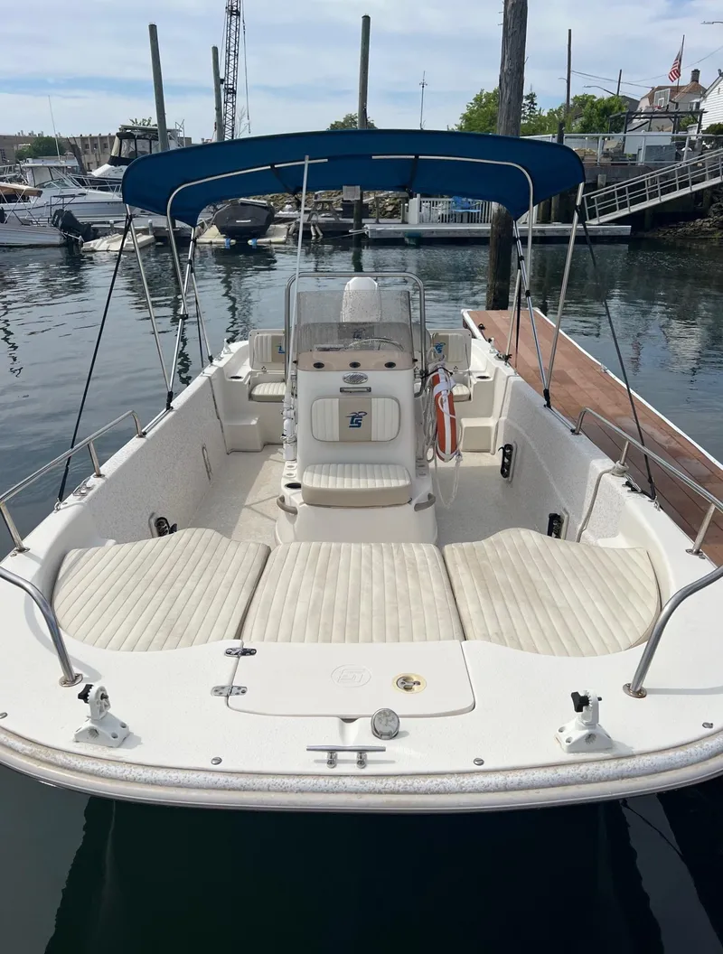 Slide: The Image of 2018 Carolina Skiff 198 DLV boat docked in a marina, featuring a spacious deck and canopy. - 14