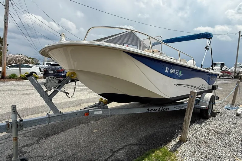 Slide: The Image of 2018 Carolina Skiff 198 DLV boat on trailer, parked outdoors under cloudy sky. - 2