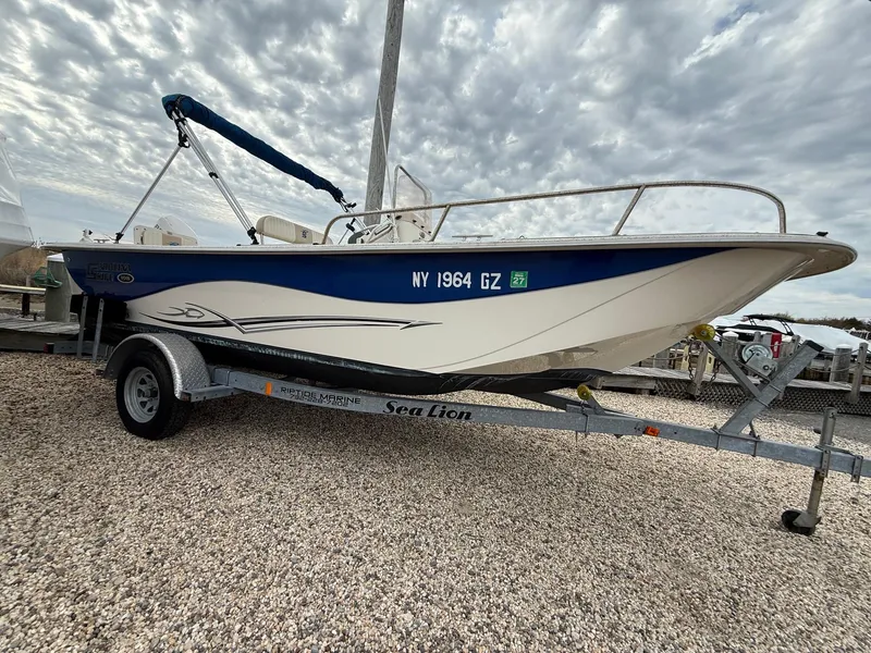 Slide: The Image of 2018 Carolina Skiff 198 DLV boat on trailer, cloudy sky background. - 17