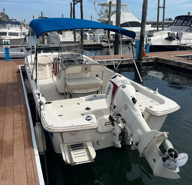 Slide: The Image of 2018 Carolina Skiff 198 DLV boat docked with blue canopy and outboard motor. - 8
