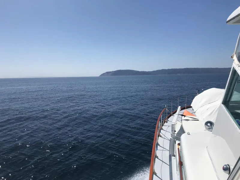 Slide: The Image of 1966 Huckins Sportsman boat cruising on open sea with distant coastline. - 8