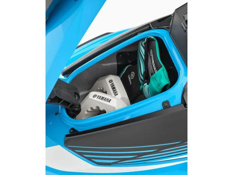 Slide: The Image of 2024 Yamaha VX Deluxe with Audio storage compartment, featuring Yamaha-branded accessories and vibrant blue design. - 3