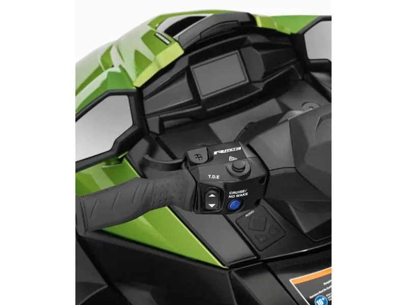 Slide: The Image of 2024 Yamaha Boats VX Limited HO dashboard with controls and display, featuring a sleek green design. - 6