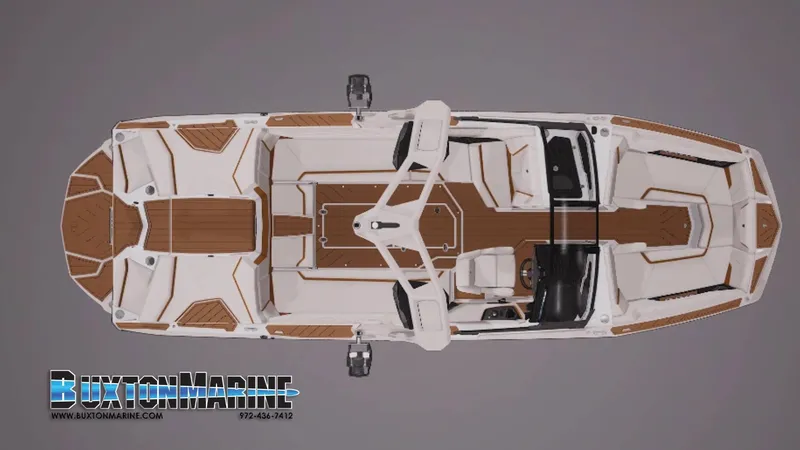 Slide: The Image of 2025 Nautique Super Air Nautique G25 boat, top view, featuring sleek design and spacious interior. - 2