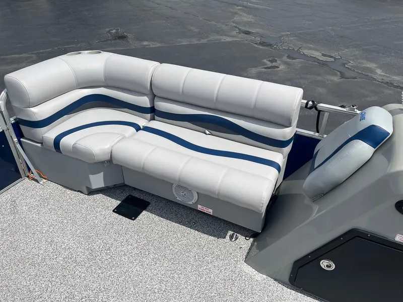 Slide: The Image of 2019 Lowe Ultra 182 Fish & Cruise boat with gray and blue seating. - 18