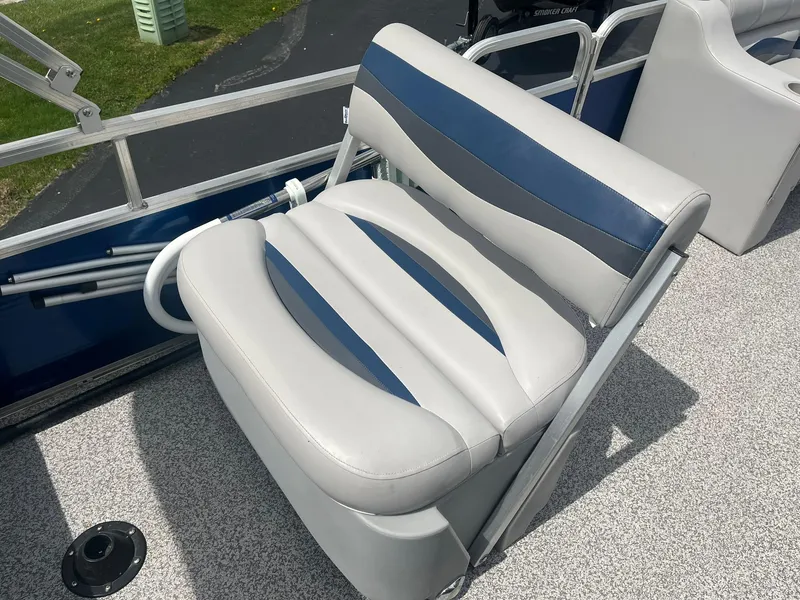 Slide: The Image of 2019 Lowe Ultra 182 Fish & Cruise boat seat with blue and gray upholstery. - 21