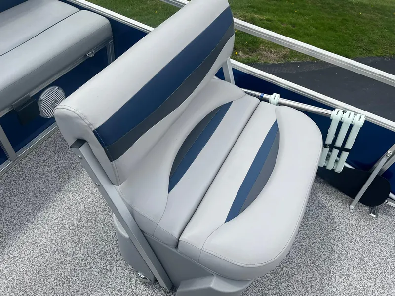 Slide: The Image of 2019 Lowe Ultra 182 Fish & Cruise boat seat, gray and blue upholstery, on deck. - 22