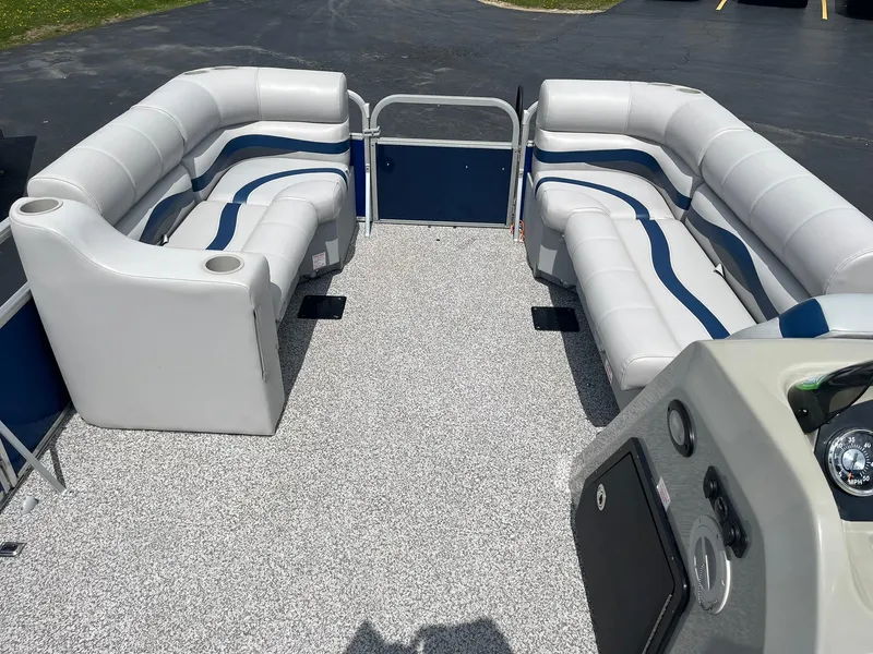 Slide: The Image of 2019 Lowe Ultra 182 Fish & Cruise pontoon boat with spacious seating and modern interior design. - 7