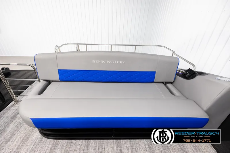 Slide: The Image of 2025 Bennington 25 LTSBSE boat seat with blue and gray upholstery. - 14