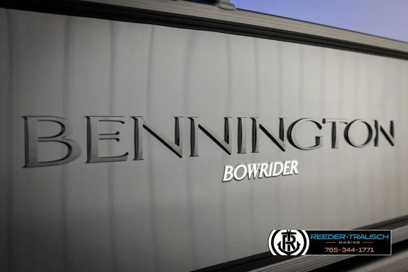 Slide: The Image of 2025 Bennington 25 LTSBSE Bowrider boat logo with dealership contact information. - 40