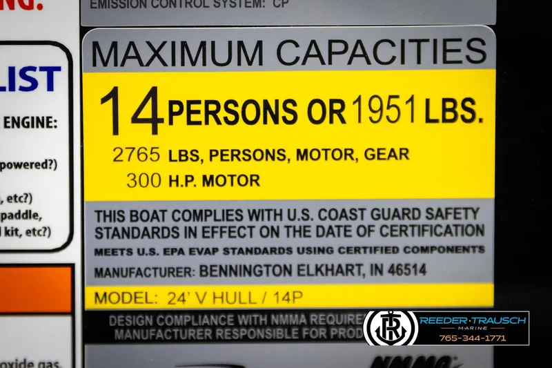 Slide: The Image of Maximum capacity label for 2025 Bennington 25 LTSBSE boat, 14 persons or 1951 lbs. - 45