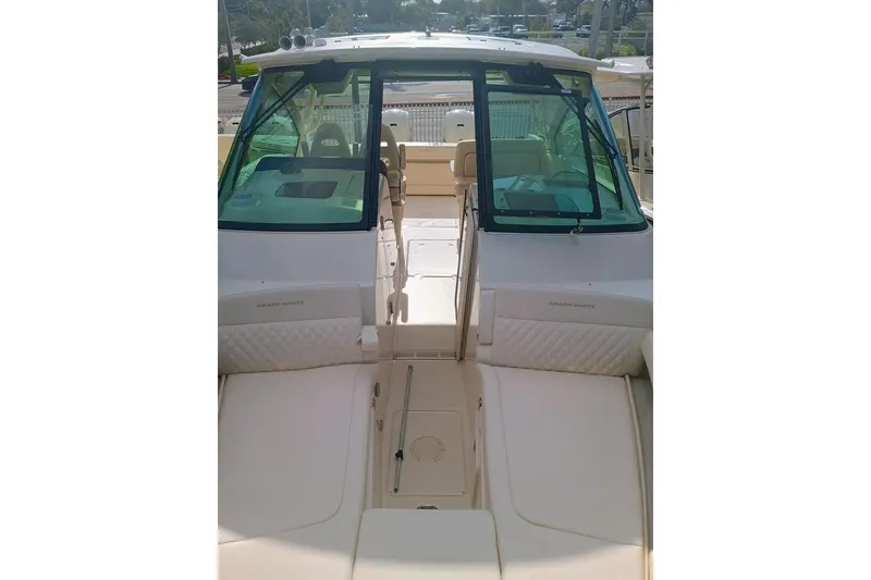 Slide: The Image of 2025 Grady-White Freedom 345 boat interior, featuring spacious seating and modern design. - 3