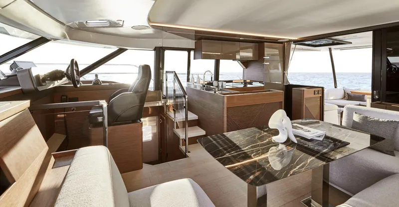 Slide: The Image of Luxurious interior of 2025 Prestige M48 yacht with modern design and ocean view. - 19