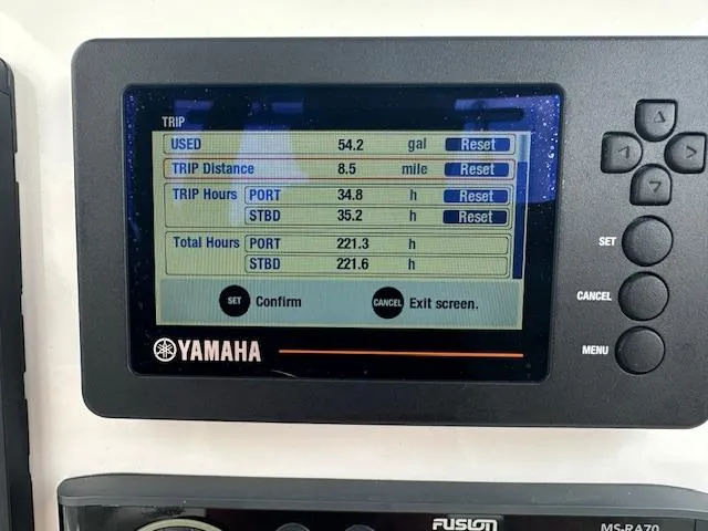 Slide: The Image of Yamaha display showing trip data: 54.2 gallons used, 8.5 miles, 34.8 hours port, 35.2 hours starboard. - 10