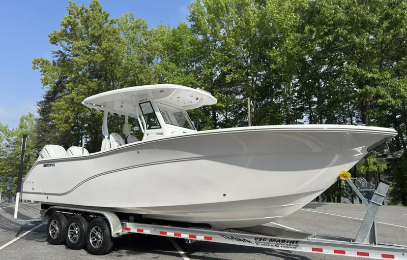 Slide: The Image of 2025 Sea Fox 288 Commander boat interior with cushioned seating and modern design. - 2