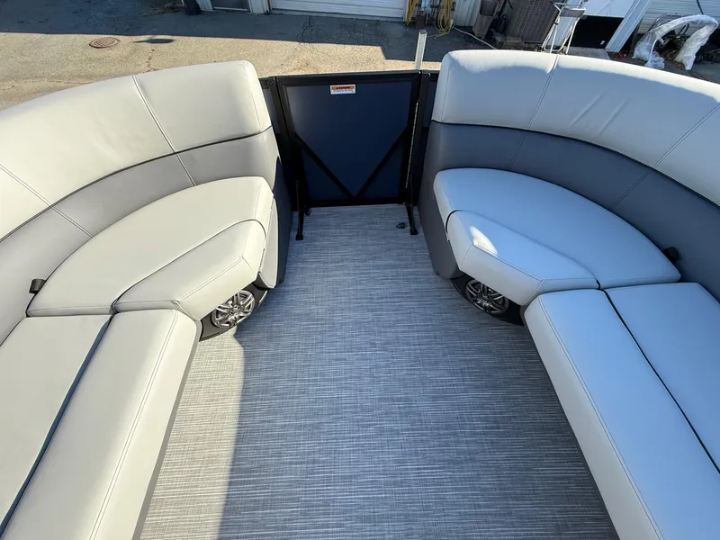 Slide: The Image of Luxurious seating on 2025 Viaggio V22U boat, featuring sleek gray upholstery. - 14
