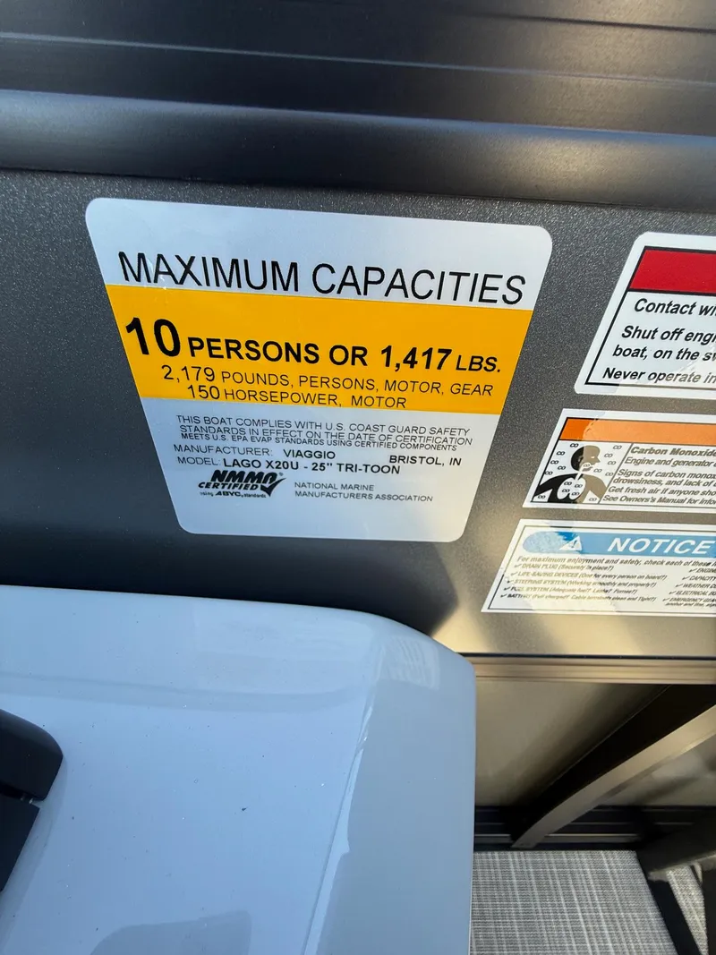 Slide: The Image of Viaggio x20u 2025 capacity label: 10 persons or 1,417 lbs, 150 horsepower motor. - 15