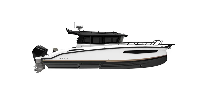Slide: The Image of 2026 Navan C30 boat, sleek white design with black accents, side view. - 1