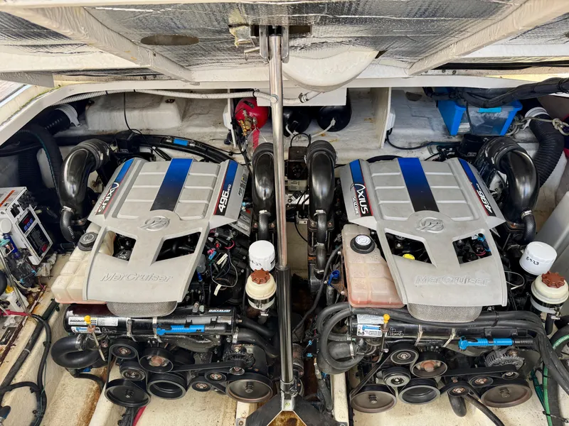 Slide: The Image of Engine room of 2009 Sea Ray 350 Sundancer with twin engines. - 18