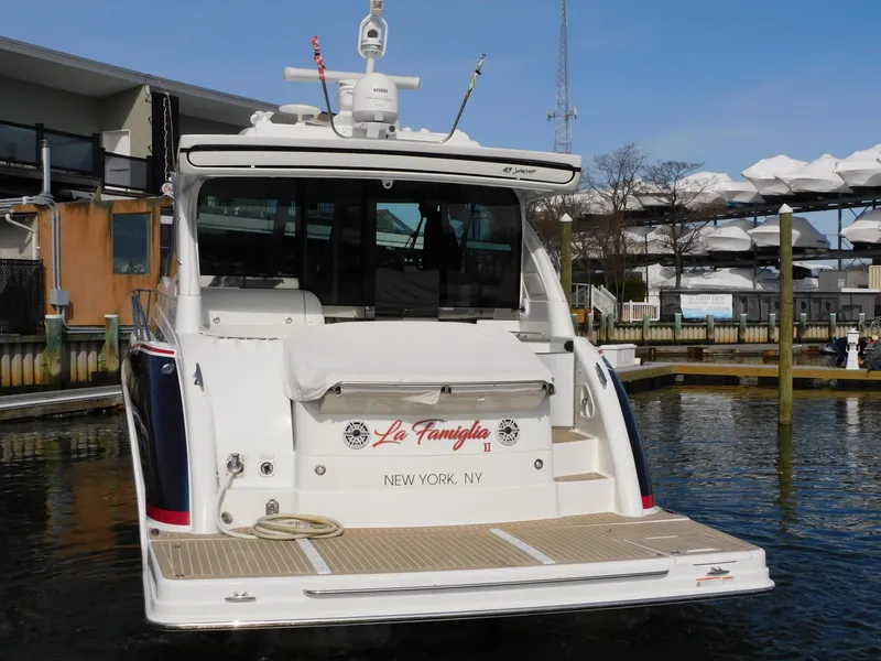 Slide: The Image of 2015 Formula YACHT 45 docked, rear view, named "La Famiglia," New York, NY. - 35