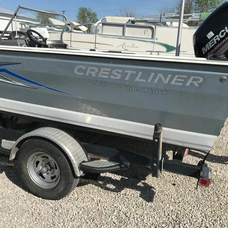 Slide: The Image of 2016 Crestliner 1850 Super Hawk boat on trailer, side view. - 6