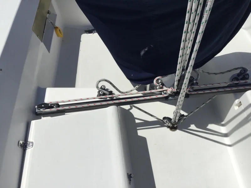 Slide: The Image of Deck view of a 1997 J Boats J/32 sailboat, featuring rigging and ropes. - 10