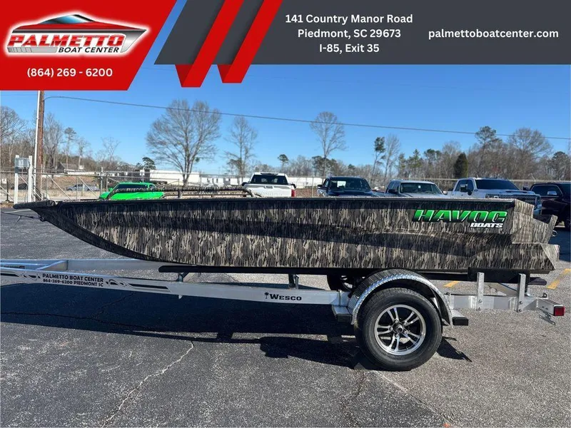 Slide: The Image of Havoc DBST 1656 boat on trailer at Palmetto Boat Center, Piedmont, SC, 2025 model. - 3