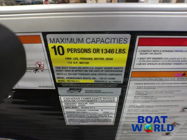 Slide: The Image of 2025 Princecraft Vectra 21 Cruise Lounge capacity label, 10 persons or 1346 lbs, safety compliance. - 16