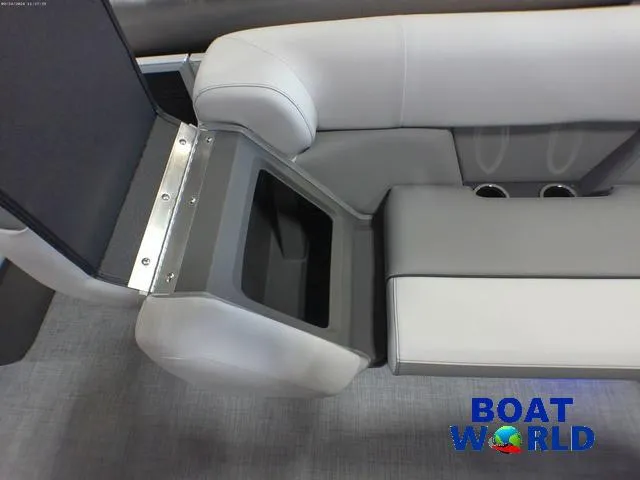 Slide: The Image of 2025 Princecraft Vectra 21 Cruise Lounge seating with storage compartment, gray upholstery. - 29