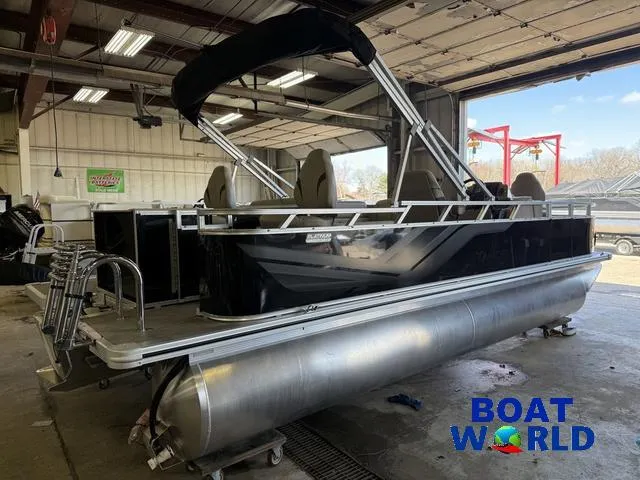 Slide: The Image of 2025 Tahoe Sport 2185 Quad Fish pontoon boat in a showroom, featuring Honda 4-Stroke EFI engine. - 44