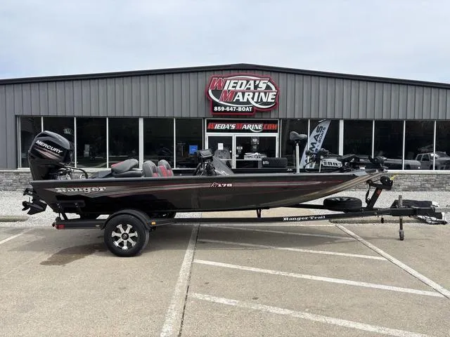 Slide: The Image of 2018 Ranger RT178 boat on trailer outside Wida's Marine dealership. - 1