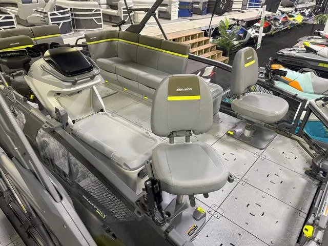 Slide: The Image of 2025 Sea-Doo Switch™ Fish 18 boat interior with seating and controls. - 3