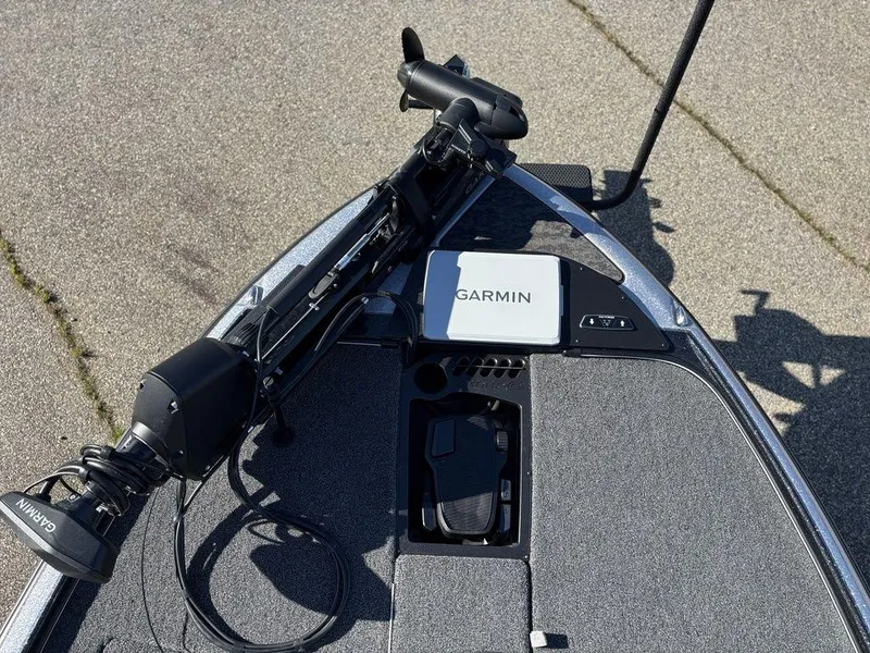 Slide: The Image of 2025 Nitro Z20 XL Pro boat deck with Garmin equipment and trolling motor. - 19