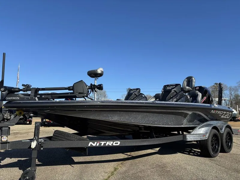 Slide: The Image of 2025 Nitro Z20 XL Pro boat on trailer under clear blue sky. - 3